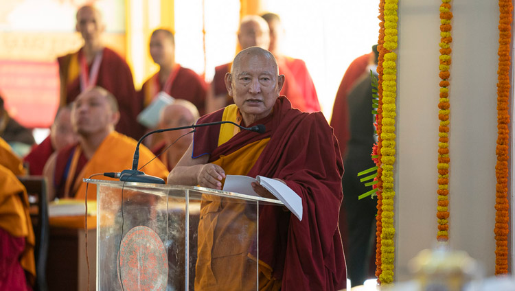 Kirti Rinpoché opening the Conference on Tsongkhapa's ‘Essence of True Eloquence’ in Bodhgaya, Bihar, India on December 19, 2018. Photo by Lobsang Tsering