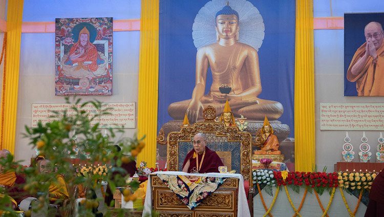 His Holiness the Dalai Lama speaking at the Conference on Tsongkhapa's ‘Essence of True Eloquence’ in Bodhgaya, Bihar, India on December 19, 2018. Photo by Lobsang Tsering