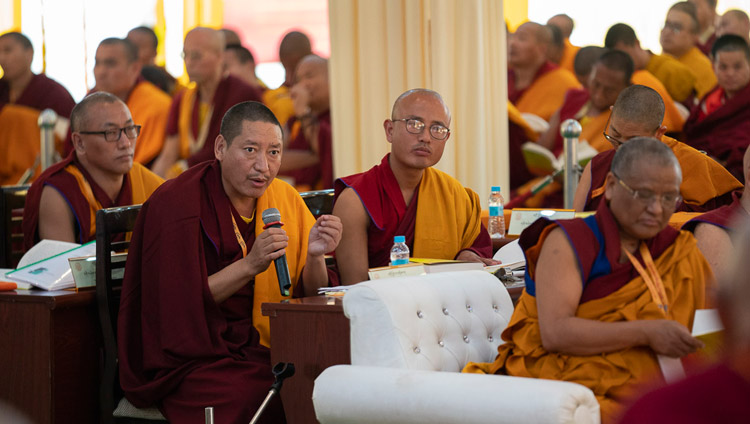 Ganden Shartse Geshe Gyaltsen Wangdu delivering his presentation at the Conference on Tsongkhapa's ‘Essence of True Eloquence’ in Bodhgaya, Bihar, India on December 19, 2018. Photo by Lobsang Tsering