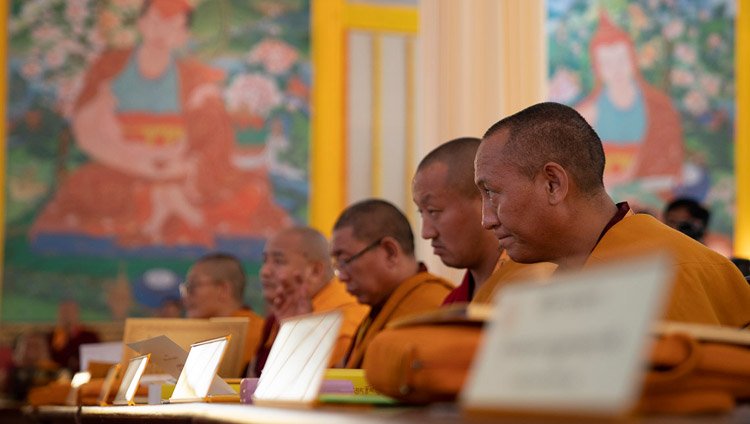 Participating scholars listening to His Holiness the Dalai Lama speaking at the First Conference on Tsongkhapa's ‘Essence of True Eloquence’ in Bodhgaya, Bihar, India on December 19, 2018. Photo by Lobsang Tsering