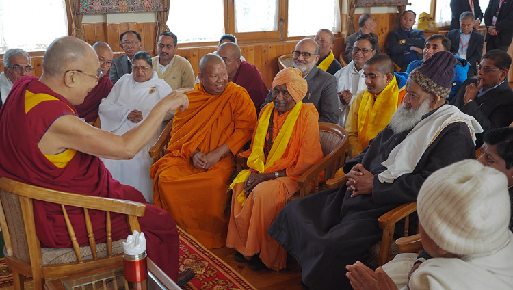 His Holiness the Dalai Lama meeting with members of an Inter Faith Forum from Gaya at Gaden Phelgyeling Monastery in Bodhgaya, Bihar, India on December 21, 2018. Photo by Jeremy Russell
