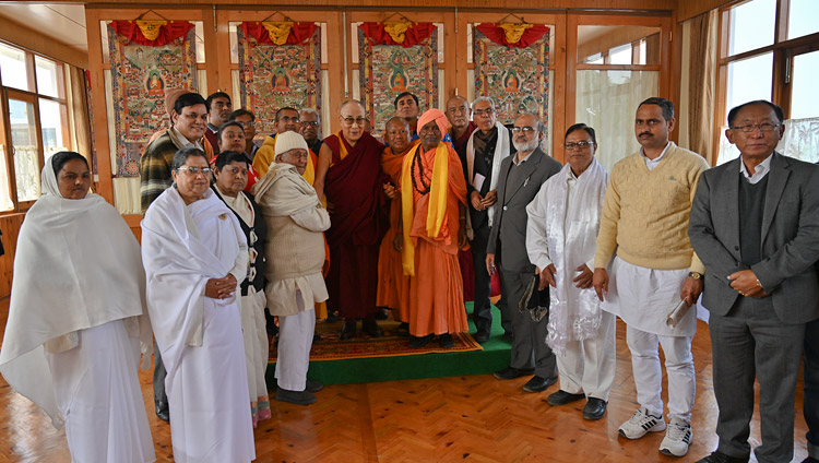 His Holiness the Dalai Lama with members of an Inter Faith Forum from Gaya after their meeting at Gaden Phelgyeling Monastery in Bodhgaya, Bihar, India on December 21, 2018. Photo by ven Tenzin Jamphel