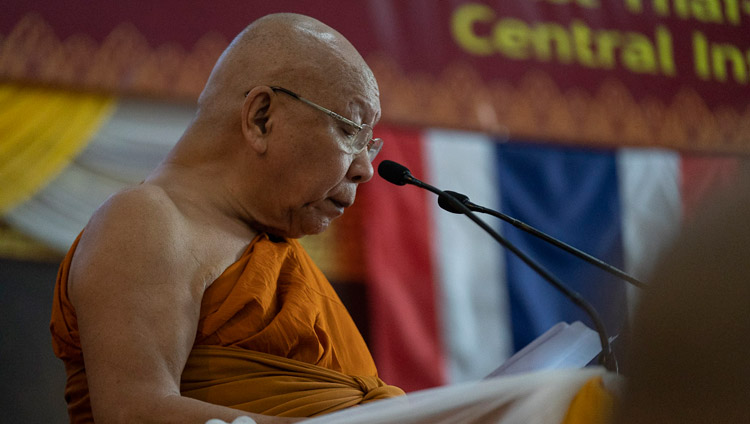 Ven Phra Promwachirayan Prasit Suddhibandhu reading a message from the Supreme Patriarch of Thailand at the opening session of the International Seminar on the Tipitaka / Tripitaka at Watpa Buddhagaya in Bodhgaya, Bihar, India on December 22, 2018. Photo by Lobsang Tsering