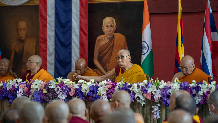 His Holiness the Dalai Lama delivering his inaugural address at the opening session of the International Seminar on the Tipitaka / Tripitaka at Watpa Buddhagaya in Bodhgaya, Bihar, India on December 22, 2018. Photo by Lobsang Tsering