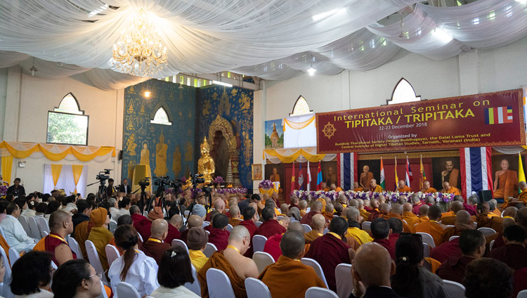 A view of the hall at Watpa Buddhagaya during His Holiness the Dalai Lama's inaugural address at the International Seminar on the Tipitaka / Tripitaka in Bodhgaya, Bihar, India on December 22, 2018. Photo by Lobsang Tsering