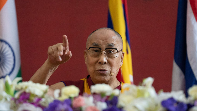 His Holiness the Dalai Lama speaking at the opening session of the International Seminar on the Tipitaka / Tripitaka at Watpa Buddhagaya in Bodhgaya, Bihar, India on December 22, 2018. Photo by Lobsang Tsering