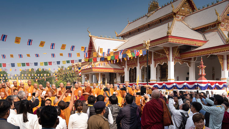 His Holiness the Dalai Lama posing for a photograph with a group of monks after lunch on the opening day of the International Seminar on the Tipitaka / Tripitaka at Watpa Buddhagaya in Bodhgaya, Bihar, India on December 22, 2018. Photo by Lobsang Tsering