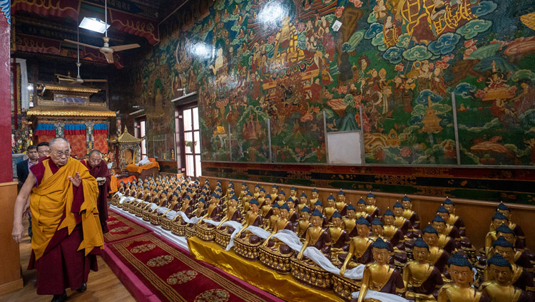 His Holiness the Dalai Lama consecrating freshly prepared statues of the Buddha at Gaden Phelgyeling Monastery in Bodhgaya, Bihar, India on December 24, 2018. Photo by Lobsang Tsering