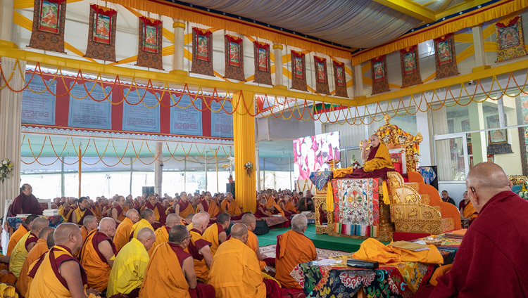 A view of the stage at the Kalachakara Ground on the second day of His Holiness the Dalai Lama's teachings in Bodhgaya, Bihar, India on December 25, 2018. Photo by Lobsang Tsering