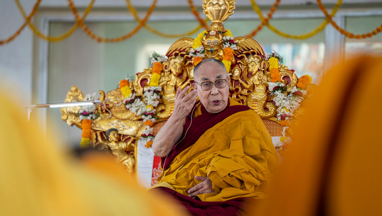 His Holiness the Dalai Lama speaking on the second day of his teachings in Bodhgaya, Bihar, India on December 25, 2018. Photo by Lobsang Tsering