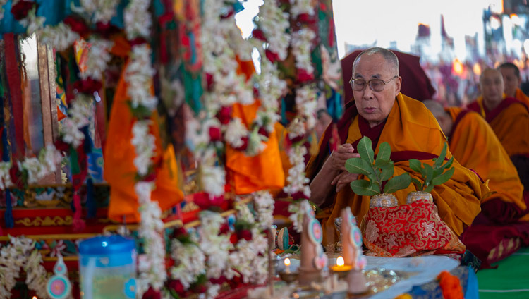 His Holiness the Dalai Lama performing the self-generation rite in preparation for giving the Solitary Hero Vajrabhairava Empowerment in Bodhgaya, Bihar, India on December 26, 2018. Photo by Lobsang Tsering