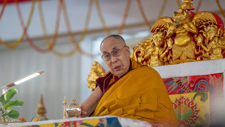 His Holiness the Dalai Lama addressing the crowd attending the Solitary Hero Vajrabhairava Empowerment in Bodhgaya, Bihar, India on December 26, 2018. Photo by Lobsang Tsering