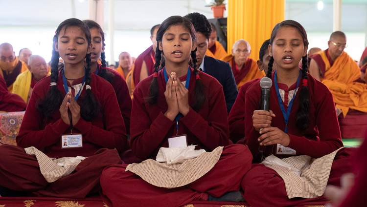 Students from the Maitreya School chanted the Heart Sutra in Sanskrit at the start of the first day of the  Manjushri Cycle of Teachings in Bodhgaya, Bihar, India on December 28, 2018. Photo by Lobsang Tsering
