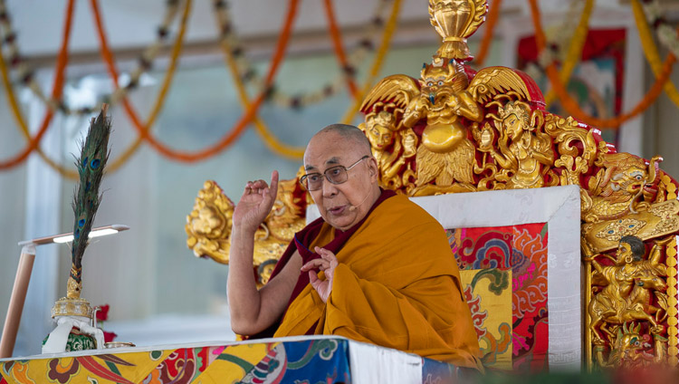 His Holiness the Dalai Lama speaking on the first day of the  Manjushri Cycle of Teachings in Bodhgaya, Bihar, India on December 28, 2018. Photo by Lobsang Tsering