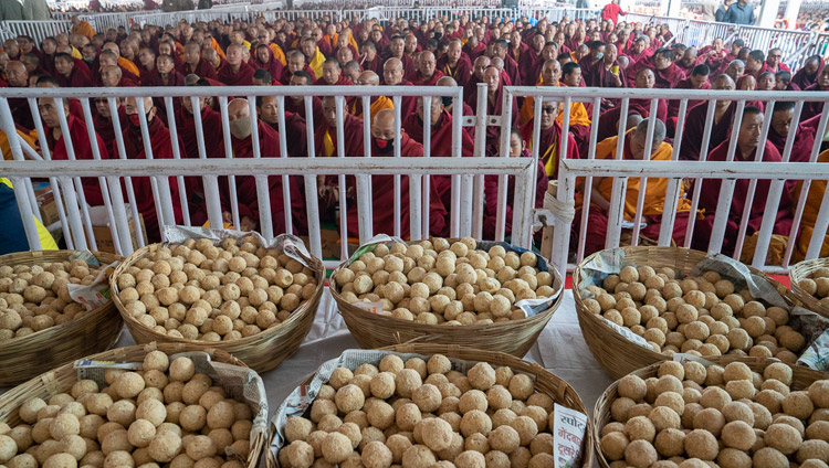 Long-life pills waiting to be distributed to the crowd during the Long-life Empowerment given by His Holiness the Dalai Lama at the Kalachakra Ground in Bodhgaya, Bihar, India on December 30, 2018. Photo by Lobsang Tsering