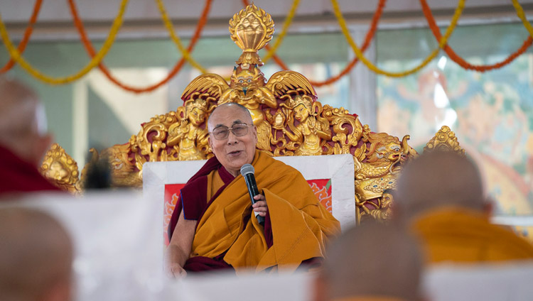 His Holiness the Dalai Lama addressing the crowd during the Long Life Ceremony in Bodhgaya, Bihar, India on December 31, 2018. Photo by Lobsang Tsering
