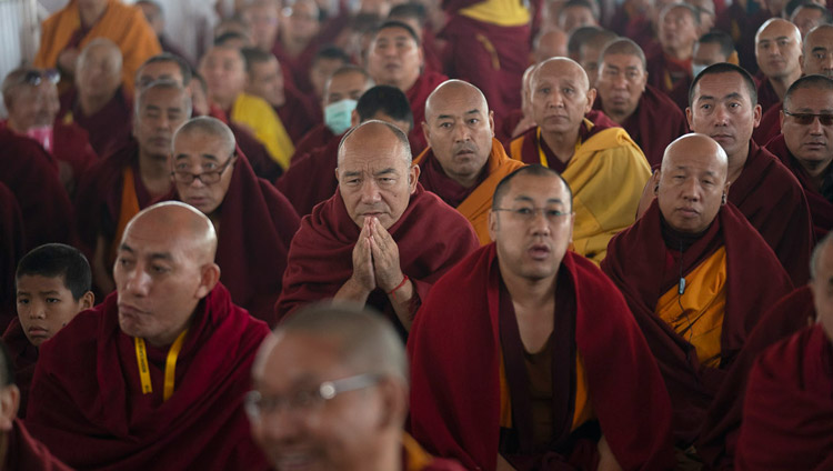 Members of the crowd watching the proceedings during the Long Life Ceremony for His Holiness the Dalai Lama at the Kalachakra Ground in Bodhgaya, Bihar, India on December 31, 2018. Photo by Lobsang Tsering