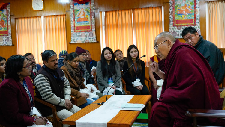 His Holiness the Dalai Lama speaking to a group of Indian scholars at his residence in Dharamsala, HP, India on January 24, 2019. Photo by Ven Tenzin Jamphel