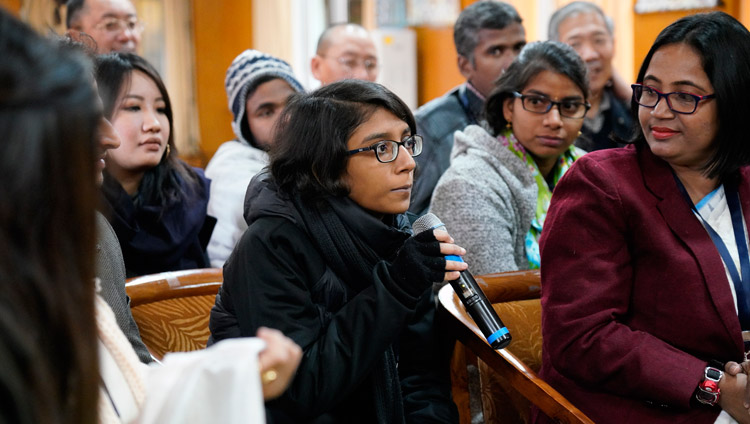 A member of a group of young Indian scholars asking His Holiness the Dalai Lama a question during their meeting at his residence in Dharamsala, HP, India on January 24, 2019. Photo by Ven Tenzin Jamphel