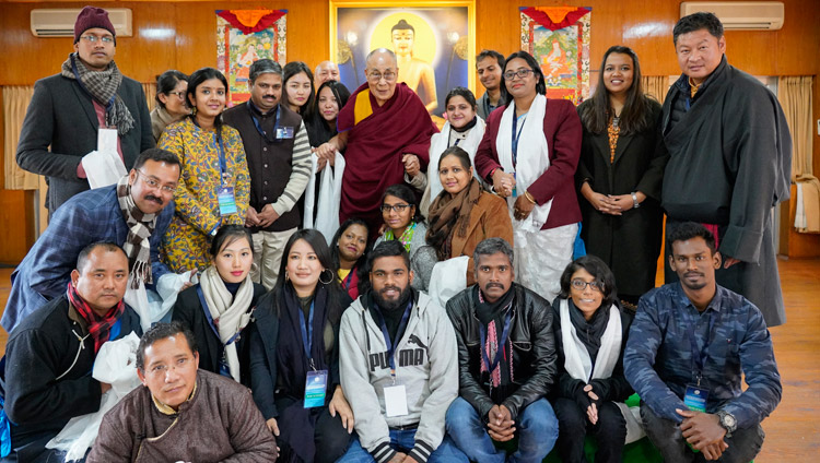 His Holiness the Dalai Lama with a group of young Indian scholars, participants in a  Conference on Tibetan Studies, after their meeting at his residence in Dharamsala, HP, India on January 24, 2019. Photo by Ven Tenzin Jamphel