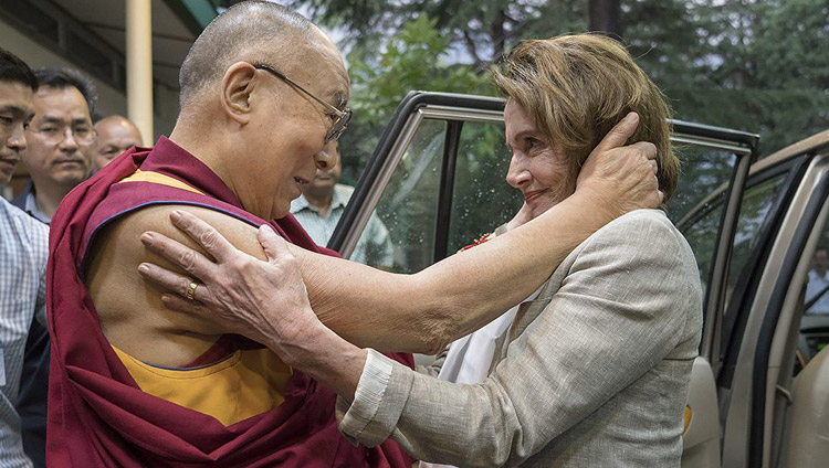 His Holiness the Dalai Lama greeting his friend House Democratic Leader Nancy Pelosi as she arrives at his residence leading a bipartisan US Congressional Delegation on a visit to the Tibetan community in Dharamsala HP, India on May 9, 2017. Photo by Tenzin Choejor