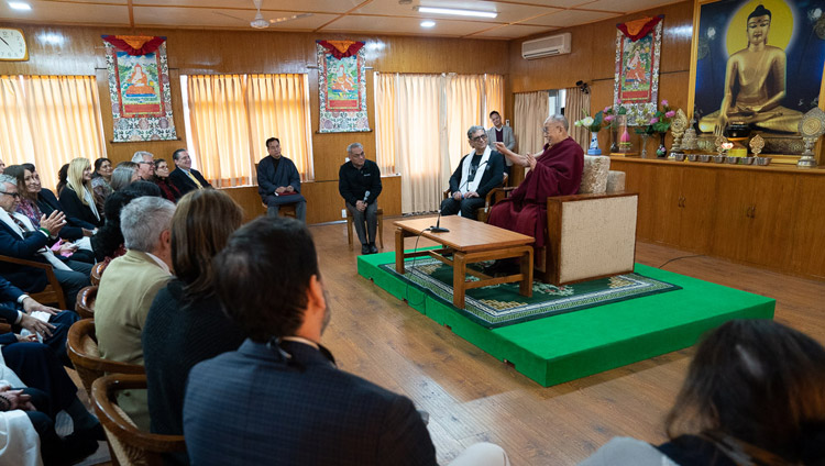 His Holiness the Dalai Lama speaking to a group led by Deepak Chopra at his residence in Dharamsala, HP, India on February 11, 2019. Photo by Tenzin Choejor