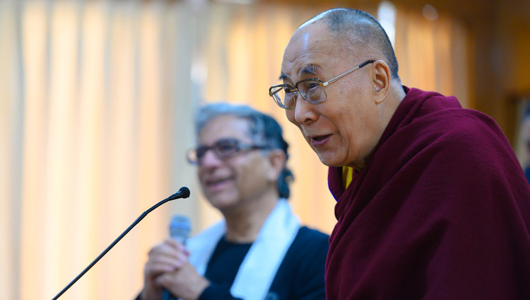 His Holiness the Dalai Lama answering a question from the audience during his meeting with Deepak Chopra and a group of his friends in Dharamsala, HP, India on February 11, 2019. Photo by Tenzin Choejor