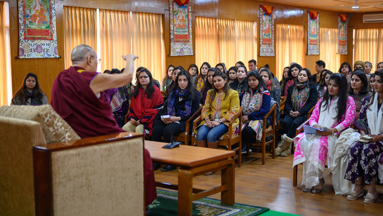 His Holiness the Dalai Lama speaking to 75 members of the Young FICCI Ladies Organisation at his residence in Dharamsala, HP, India on February 18, 2019. Photo by Tenzin Choejor