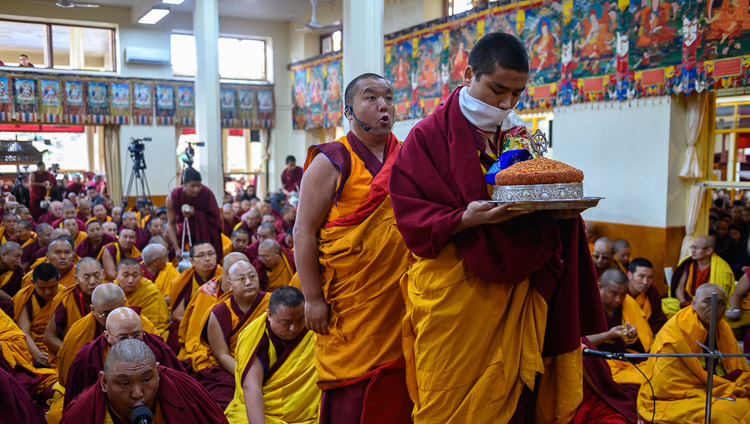 The Chant Master leading prayers at the start of His Holiness the Dalai Lama's teachings at the Main Tibetan Temple in Dharamsala, HP, India on February 19, 2019. Photo by Tenzin Choejor