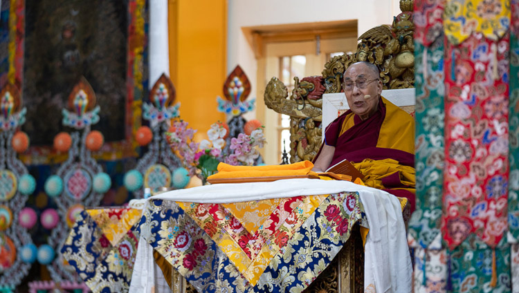 His Holiness the Dalai Lama explaining a point in the text during his teaching at the Main Tibetan Temple in Dharamsala, HP, India on February 19, 2019. Photo by Tenzin Choejor