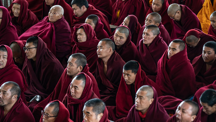 Some of the several thousand monastics attending His Holiness the Dalai Lama's teaching at the Main Tibetan Temple in Dharamsala, HP, India on February 19, 2019. Photo by Tenzin Choejor