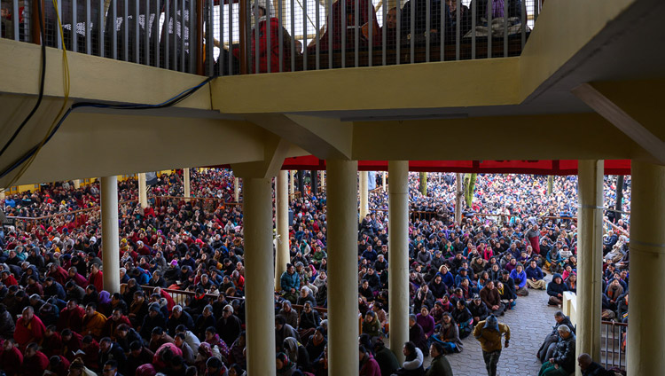 A view of the courtyard of the Main Tibetan Temple, full of people listening to His Holiness the Dalai Lama's teaching on the Day of Miracles in Dharamsala, HP, India on February 19, 2019. Photo by Tenzin Choejor