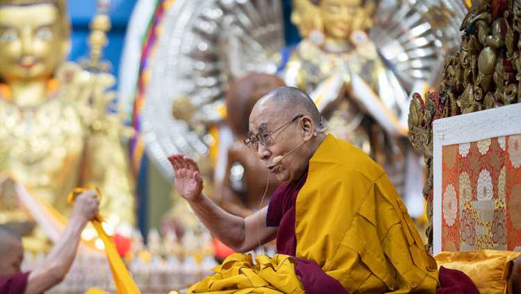 His Holiness the Dalai Lama delivering his closing remarks at the conclusion of his teaching at the Main Tibetan Temple in Dharamsala, HP, India on February 19, 2019. Photo by Tenzin Choejor His Holiness the Dalai Lama delivering his closing remarks at the conclusion of his teaching at the Main Tibetan Temple in Dharamsala, HP, India on February 19, 2019. Photo by Tenzin Choejor