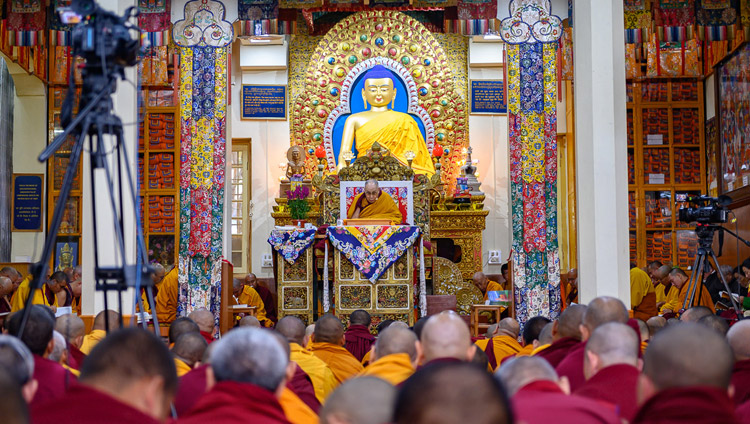 A view inside the Main Tibetan Temple on the first day of His Holiness the Dalai Lama's teachings in Dharamsala, HP, India on February 20, 2019. Photo by Tenzin Choejor