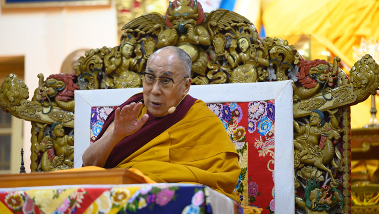 His Holiness the Dalai Lama addressing the crowd at the start of his second day of teachings at the Main Tibetan Temple in Dharamsala, HP, India on February 21, 2019. Photo by Pasang Tsering