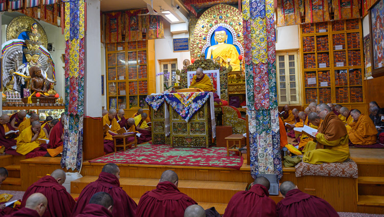A view inside the Main Tibetan Temple on the second day of His Holiness the Dalai Lama's teachings in Dharamsala, HP, India on February 21, 2019. Photo by Pasang Tsering