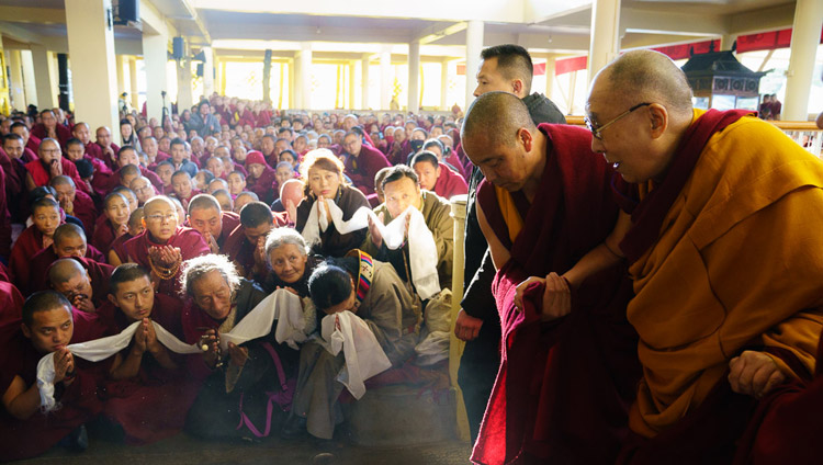 His Holiness the Dalai Lama arriving at the Main Tibetan Temple on the final day of his teachings on Bhavaviveka's "Essence of the Middle Way" in Dharamsala, HP, India on February 22, 2019. Photo by Tenzin Choejor