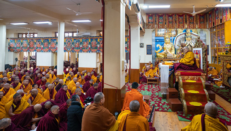 His Holiness the Dalai Lama addressing the audience on the final day of his teachings on Bhavaviveka's "Essence of the Middle Way" at the Main Tibetan Temple in Dharamsala, HP, India on February 22, 2019. Photo by Tenzin Choejor