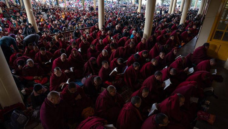 Many of the more than 7000 attending His Holiness the Dalai Lama's teachings following the text in the courtyard of the Main Tibetan Temple in Dharamsala, HP, India on February 22, 2019. Photo by Tenzin Choejor