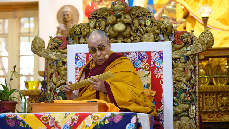  His Holiness the Dalai Lama reading from Bhavaviveka's "Essence of the Middle Way" at the Main Tibetan Temple in Dharamsala, HP, India on February 22, 2019. Photo by Pasang Tsering