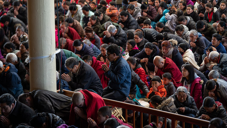 Members of the crowd filling the courtyard of the Main Tibetan Temple during the ceremony for generating the awakening mind of enlightenment and taking the bodhisattva vows from His Holiness the Dalai Lama in Dharamsala, HP, India on February 23, 2019. Photo by Tenzin Choejor