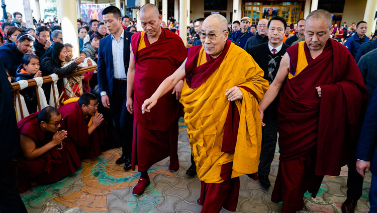 His Holiness the Dalai Lama walking back to his residence at the conclusion of the final session of his teachings at the Main Tibetan Temple in Dharamsala, HP, India on February 23, 2019. Photo by Tenzin Choejor