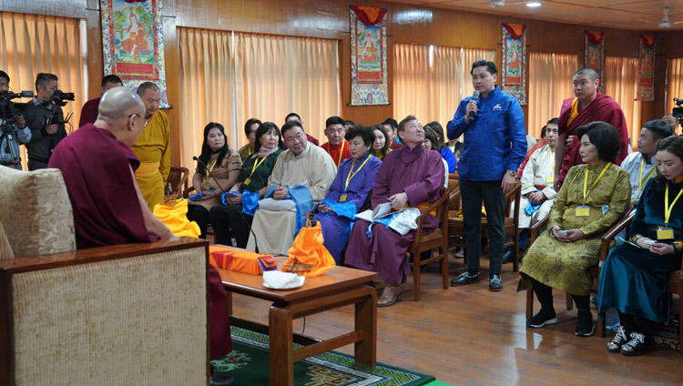 A member of the audience asking His Holiness the Dalai Lama a question during the meeting with young professionals from Mongolia at his residence in Dharamsala, HP, India on March 25, 2019. Photo by Tenzin Choejor A member of the audience asking His Holiness the Dalai Lama a question during the meeting with young professionals from Mongolia at his residence in Dharamsala, HP, India on March 25, 2019. Photo by Tenzin Choejor