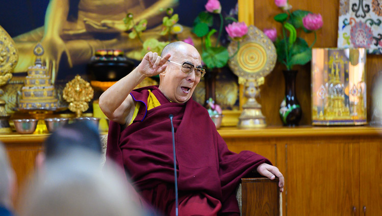 His Holiness the Dalai Lama recalling a humorous story during his conversation with members of Club 1880 from Singapore at his residence in Dharamsala, HP, India on March 27, 2019. Photo by Tenzin Choejor