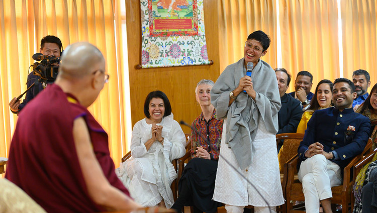 A member of the audience asking His Holiness the Dalai Lama a question during his conversation with members of Club 1880 from Singapore at his residence in Dharamsala, HP, India on March 27, 2019. Photo by Tenzin Choejor