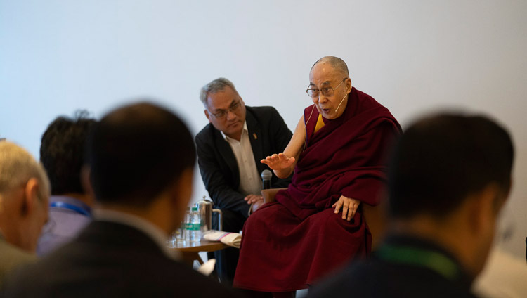 His Holiness the Dalai Lama speaking to a group of students and teachers from South Asian countries who have been taking part in workshops about universal values and secular ethics during their meeting in New Delhi, India on April 4, 2019. Photo by Tenzin Choejor