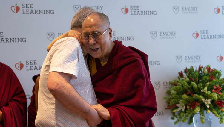 His Holiness the Dalai Lama greeting his old friend Richard Moore on his arrival for the press conference for the global launch of SEE Learning in New Delhi, India on April 4, 2019. Photo by Tenzin Choejor