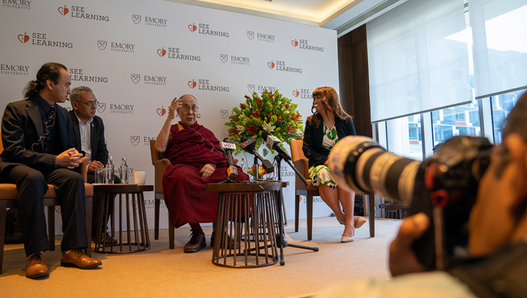 His Holiness the Dalai Lama delivering his opening remarks at the press conference for the global launch of SEE Learning in New Delhi, India on April 4, 2019. Photo by Tenzin Choejor