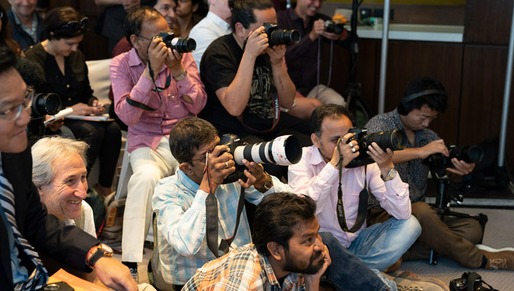 Members of the media listening attending the press conference for the global launch of SEE Learning with His Holiness the Dalai Lama in New Delhi, India on April 4, 2019. Photo by Tenzin Choejor