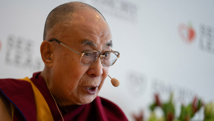 His Holiness the Dalai Lama responding to questions during the press conference for the global launch of SEE Learning in New Delhi, India on April 4, 2019. Photo by Tenzin Choejor